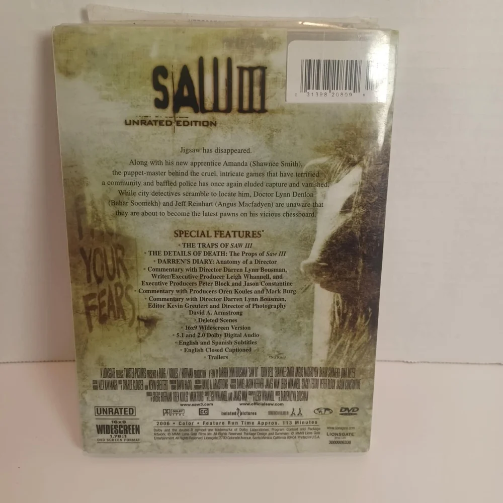 SAW 3 UNRATED EDITION (DVD, 2006) w/ Slipcover ~‎ Horror